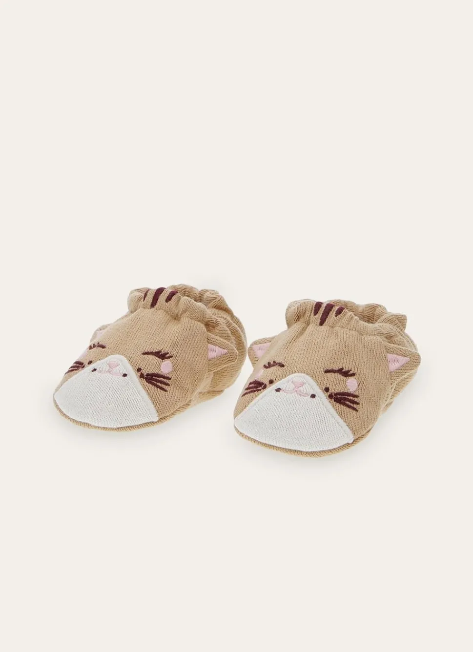 Bouchara CHAUSSONS POUR BÉBÉ EN COTON AVEC TÊTE DE CHAT BEIGE