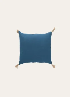 Sale Bouchara COUSSIN EN COTON UNI AVEC PETITS POMPONS BLEU