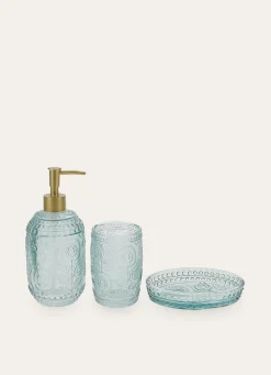 Discount Bouchara DISTRIBUTEUR DE SAVON EN VERRE GRAVURES DE FLEURS BLEU CLAIR