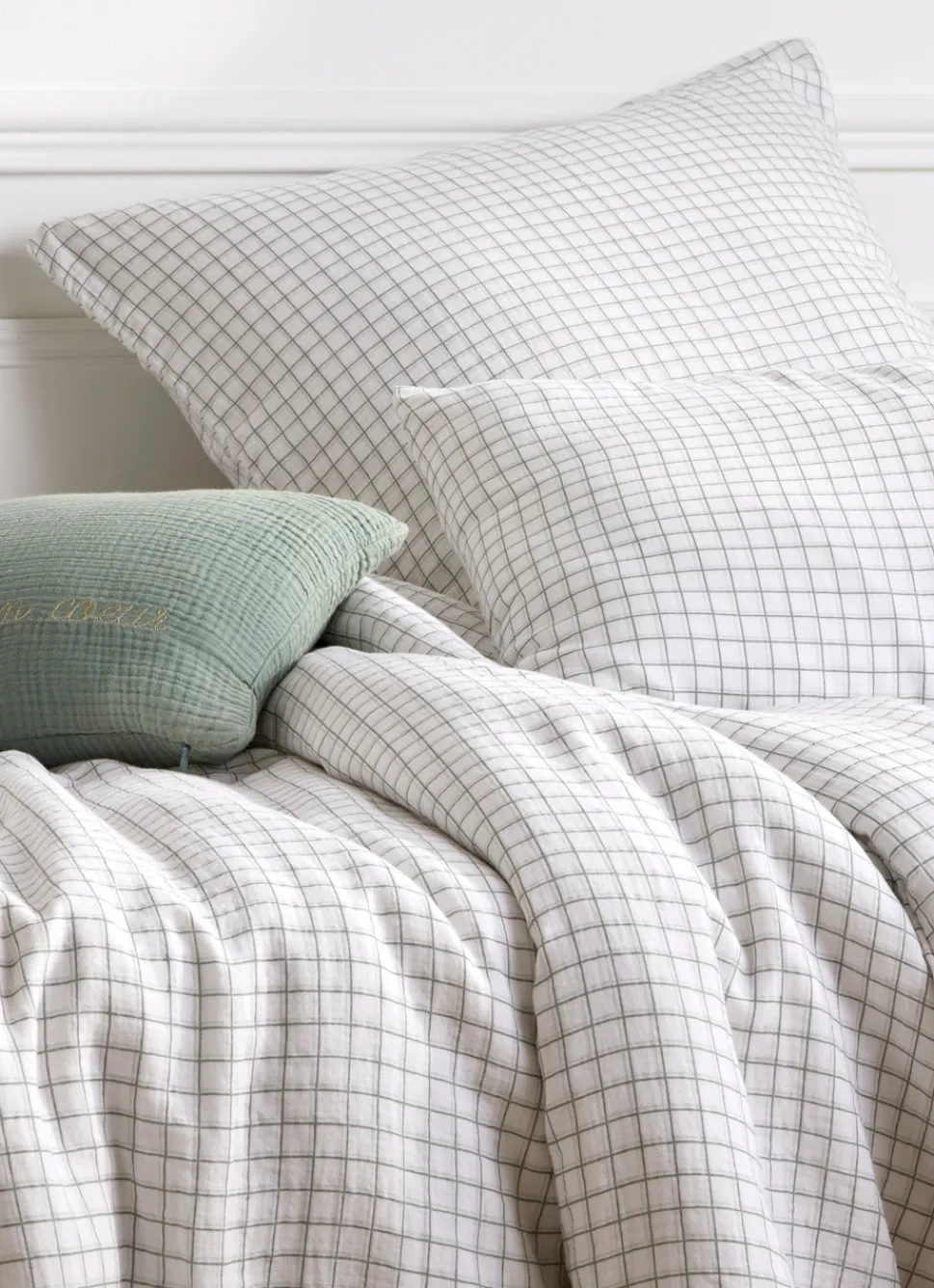 Online Bouchara HOUSSE DE COUETTE GAZE DE COTON IMPRIMÉ CARREAUX ECRU