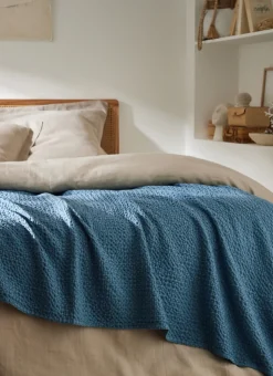 Hot Bouchara JETÉ DE LIT EN COTON LAVÉ NID D'ABEILLE ORAGE