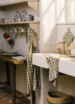 Outlet Bouchara LOT DE 2 TORCHONS A CARREAUX & RAYURES VERT KAKI