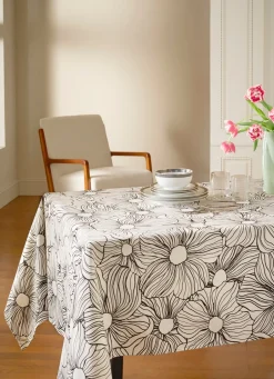 Sale Bouchara NAPPE EN TWILL DE COTON IMPRIMÉ FLEURS ANTI-TACHES BLANC NOIR