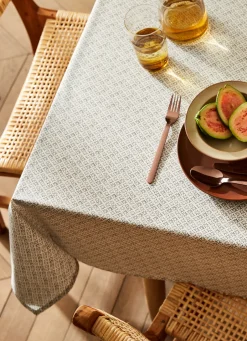 Online Bouchara NAPPE RONDE EN COTON ENDUIT IMPRIMÉ PETITES FLEURS BLANC / GRIS