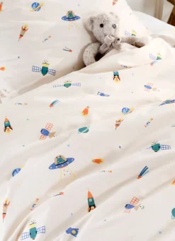 Discount Bouchara PARURE DE LIT BÉBÉ EN PERCALE MOTIF SPATIAL BLANC