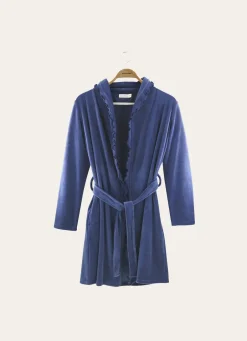 Best Bouchara PEIGNOIR COURT EN VELOURS AVEC COL À VOLANTS BLEU
