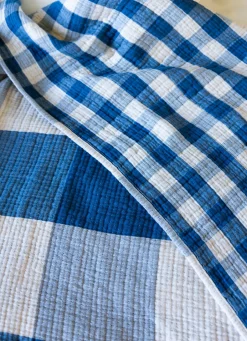 Online Bouchara PLAID EN GAZE DE COTON À CARREAUX RÉVERSIBLE BLEU JEAN