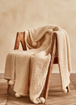 New Bouchara PLAID EN SHERPA AVEC FINITIONS POMPONS BEIGE