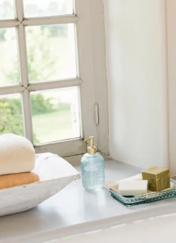 Discount Bouchara PLATEAU DE SALLE DE BAIN EN VERRE MOTIF FLEUR BLEU CLAIR