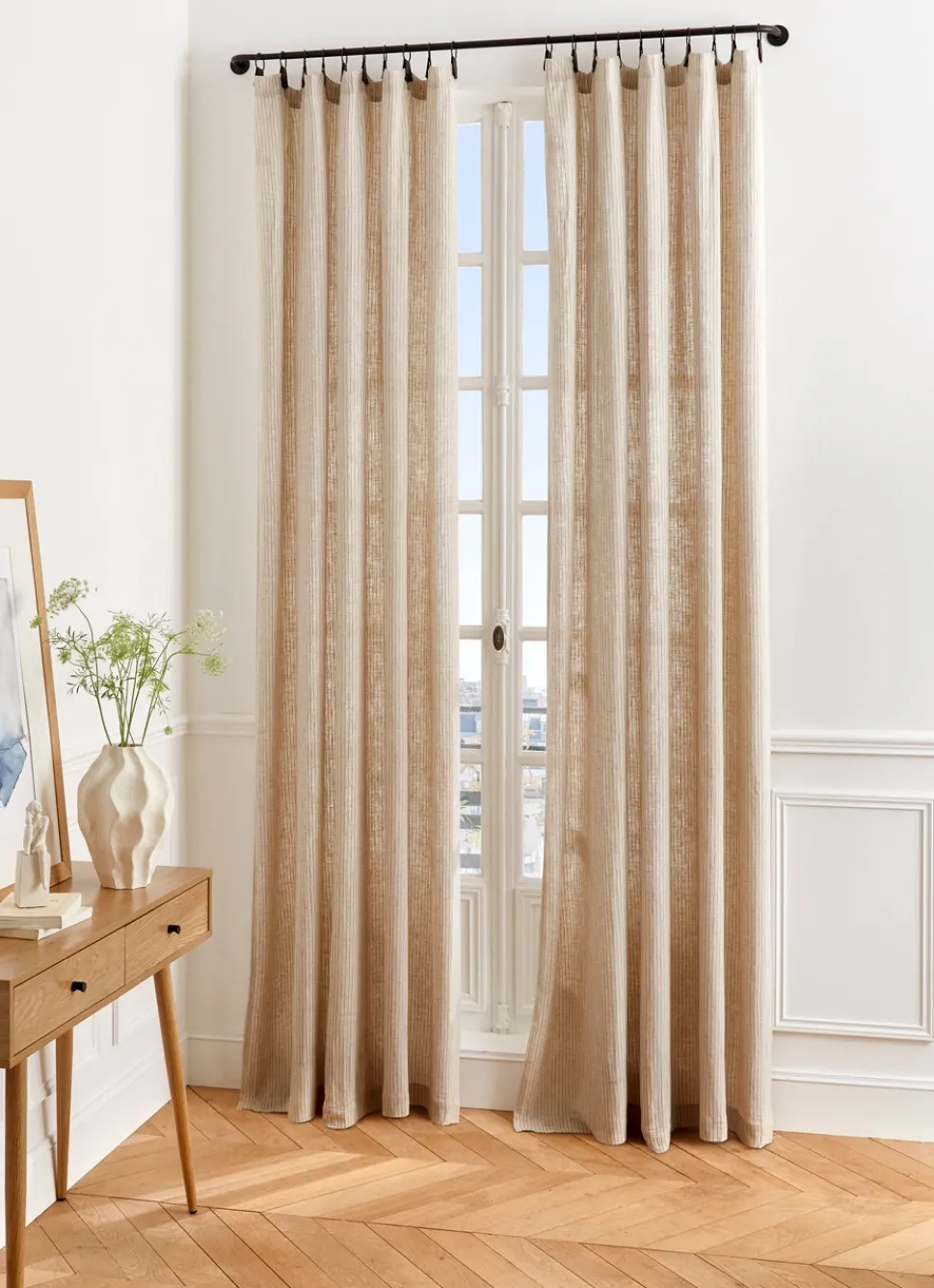 Clearance Bouchara RIDEAU À RAYURES VERTICALES FINITION CUIR ET MÉTAL BEIGE
