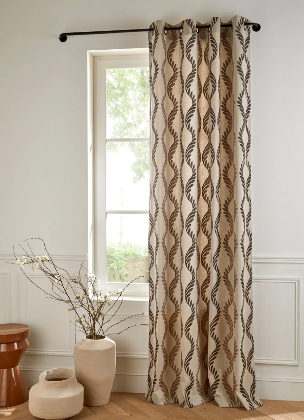 Bouchara RIDEAU BRODÉ DESSIN FEUILLAGE BEIGE