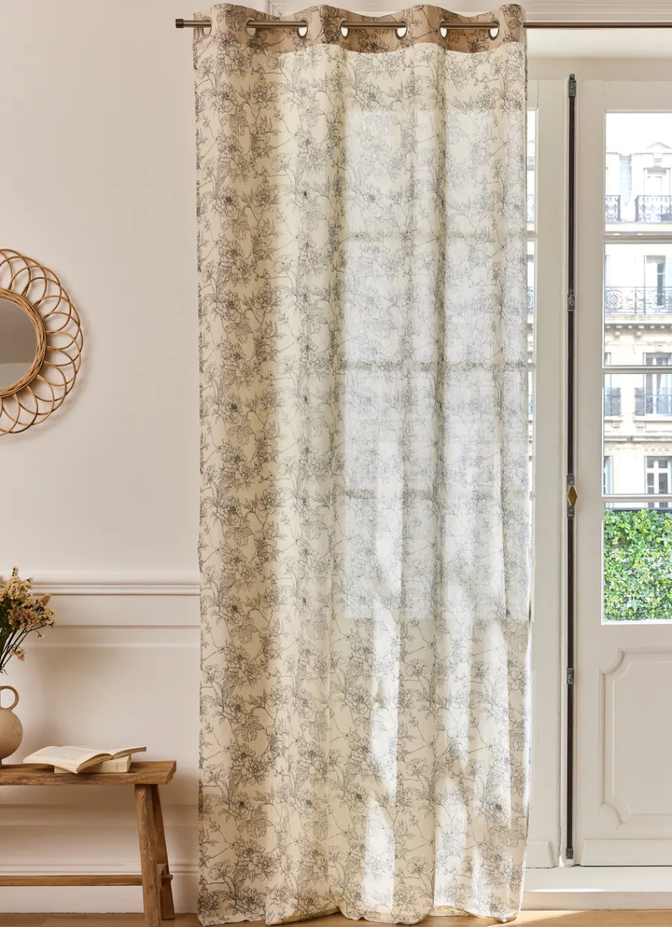 Clearance Bouchara RIDEAU FLUIDE IMPRIMÉ DE FLEURS EN COTON ET LIN ECRU