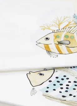 Sale Bouchara TORCHON EN COTON IMPRIMÉ POISSONS ET CORAUX BLANC OCRE